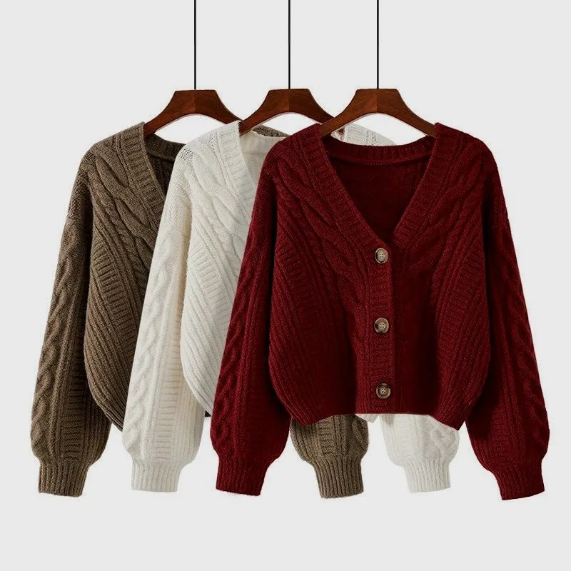 Nuevo Cárdigan Vintage Twist de otoño e invierno con cuello en V para mujer, suéter de manga larga, suéter de punto de un solo pecho, Chaqueta corta
