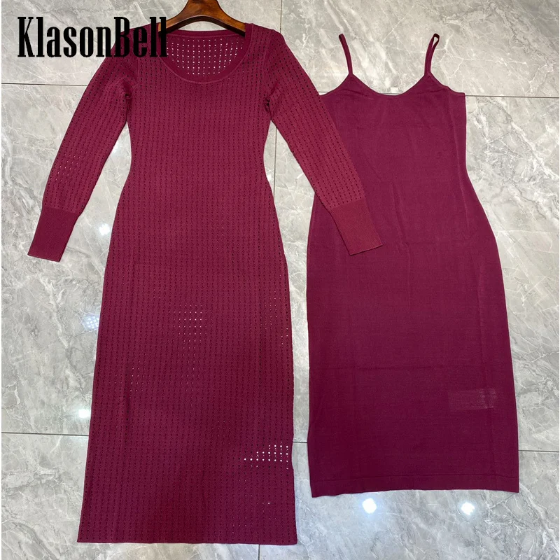 

11.8 KlasonBell Temperament Scoop-Neck Cut-Out Weave With Suspender Lining Stretch Knitted Midi Dress Women's