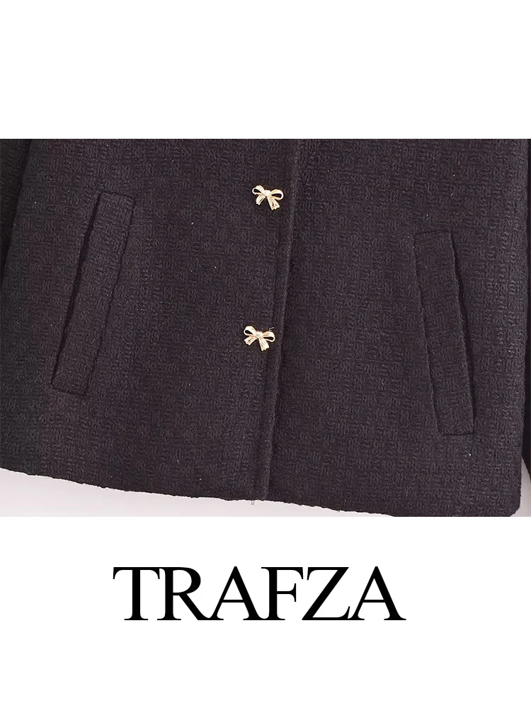 TRAFZA Vrouwen Herfst O-hals Boog Knop Decoratie Losse Bovenkleding Vrouwelijke Mode Lange Mouw Casual Slanke Zakken Jas Jassen