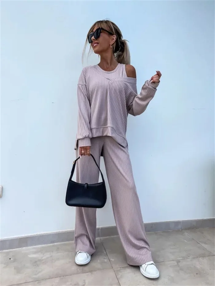 

Casual Sports Style Three Piece Set Loose V-neck Long Sleeved Top Sleeveless Vest High Waist Trousers Set Fashion Commuting Set