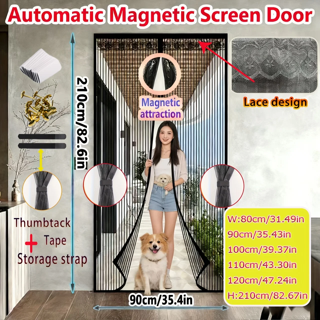 Magnetic Screen Door with Strong Magnetism, Automatic Sliding Panels & Black Strip, Easy Installation for Bedroom