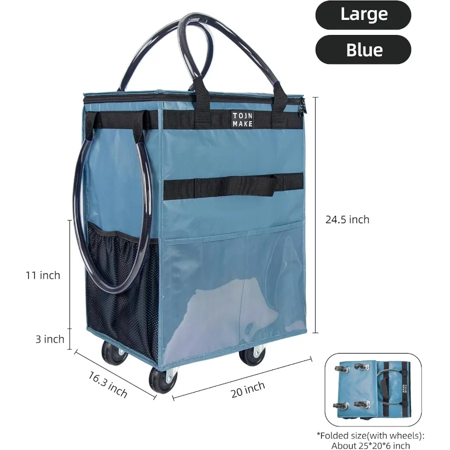 Grand sac d'épicerie réutilisable bleu sur roulettes avec 8 poches et housse à glissière pour un shopping efficace, fourre-tout pliable à roulettes avec Hea