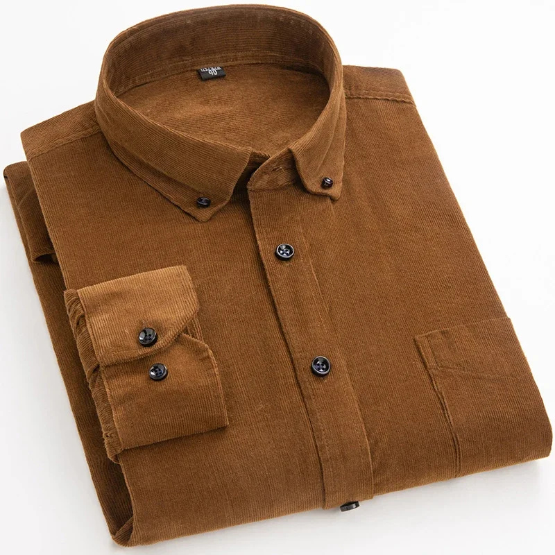 2025 Cotton Corduroy Casual Warm Solid  Shirt Long Sleeve Winter Regular Fit Mens Men\'s Shirts with Pokets