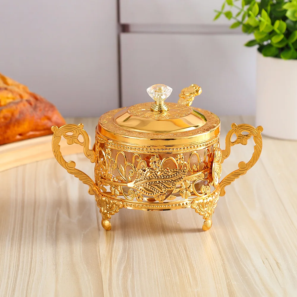 Creative flower decorative sugar cup European-style household metal seasoning jar Exquisite transparent glass sugar