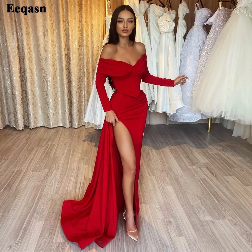 Customized Red Long Sleeves Evening Dresses Mermaid Off The Shoulder Simple Prom Gowns Saudi High Split Women Formal Party Dress