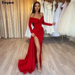 Customized Red Long Sleeves Evening Dresses Mermaid Off The Shoulder Simple Prom Gowns Saudi High Split Women Formal Party Dress