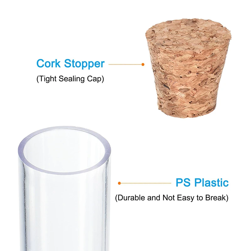 200 Pieces Clear Plastic Test Tubes with Cork Caps Visible Vials 3ml 12x60mm Tight Seal No Leak Slim Holder