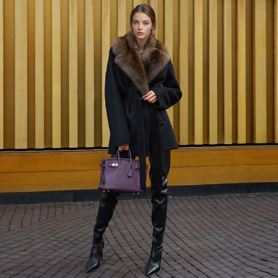 معطف قصير من صوف الكشمير الأسود مع ياقة فرو الثعلب سترة شتوية نسائية معطف فرو الثعلب الطبيعي سترة مزيج الصوف الأكثر مبيعًا