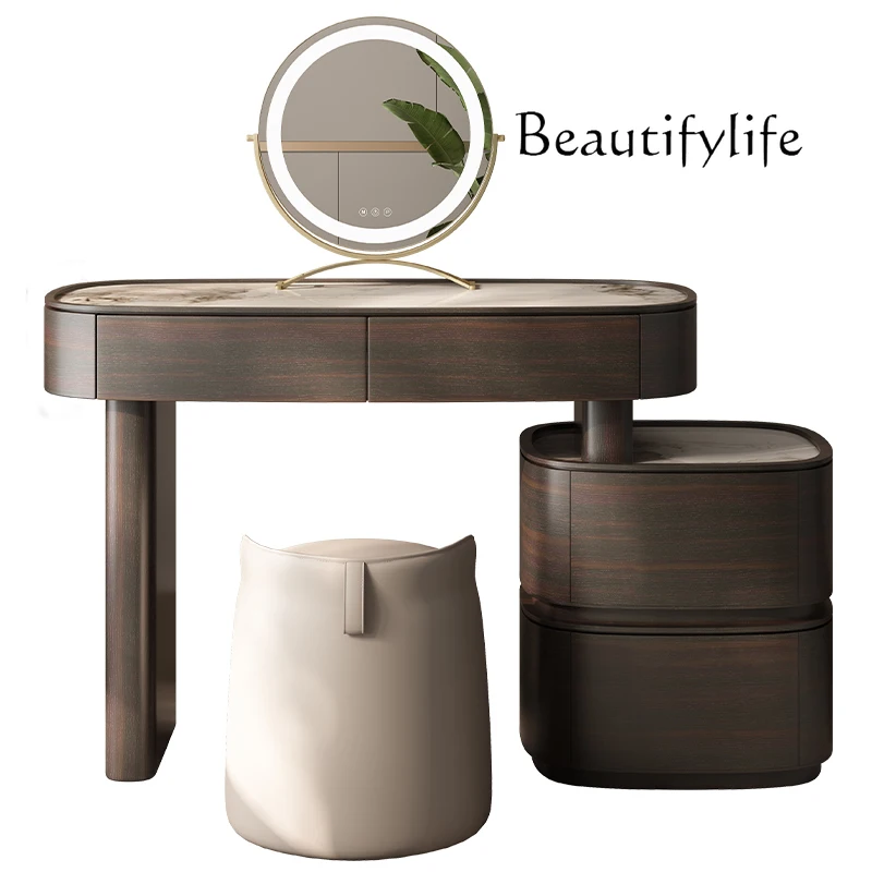 

Designer Italian minimalist high-end solid wood smoked rock slab oval dresser bedroom light luxury special-shaped makeup table