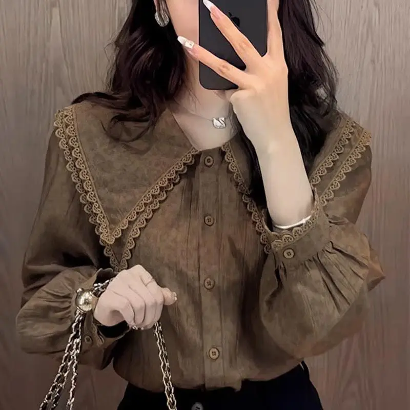 Simplicity Fashion Autumn New Women Solid Peter Pan Collar Lace Single Breasted Temperament Sweet Loose Long Sleeve Shirts Tops