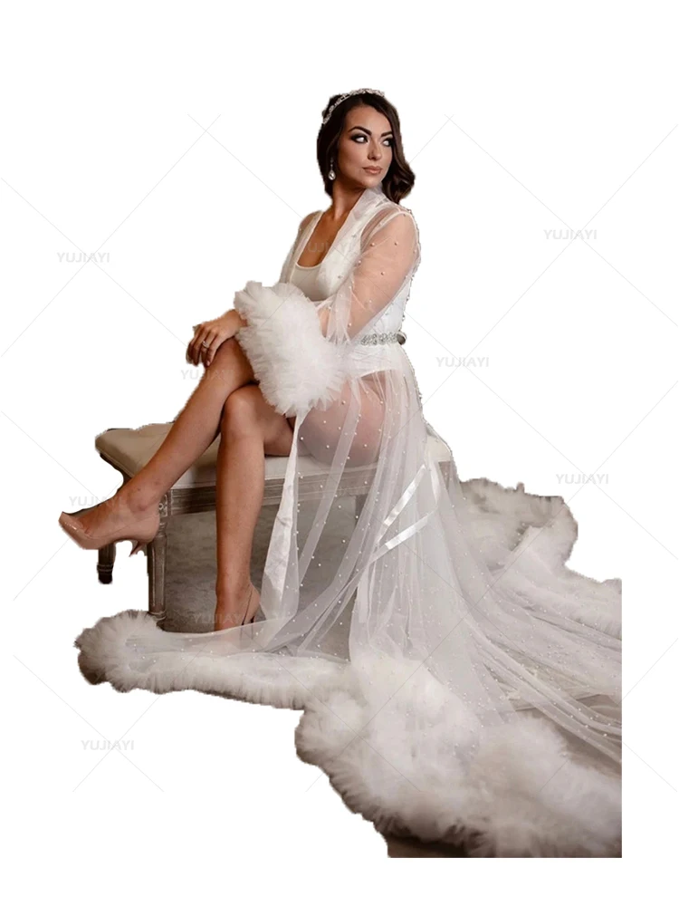 Pearl Bridal Robe Wedding Sleepwear pigiama Ruffles accappatoio camicia da notte abiti premaman per servizio fotografico donna Prom Party Gown