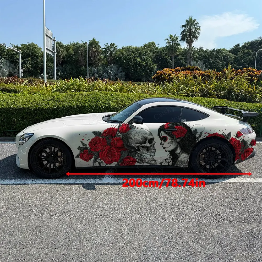 2pcs Red Roses Decor Dark Undead Couple Car Side Wraps, Self-Adhesive PVC Waterproof & Scratch-Resistant Stickers, Car Accessory