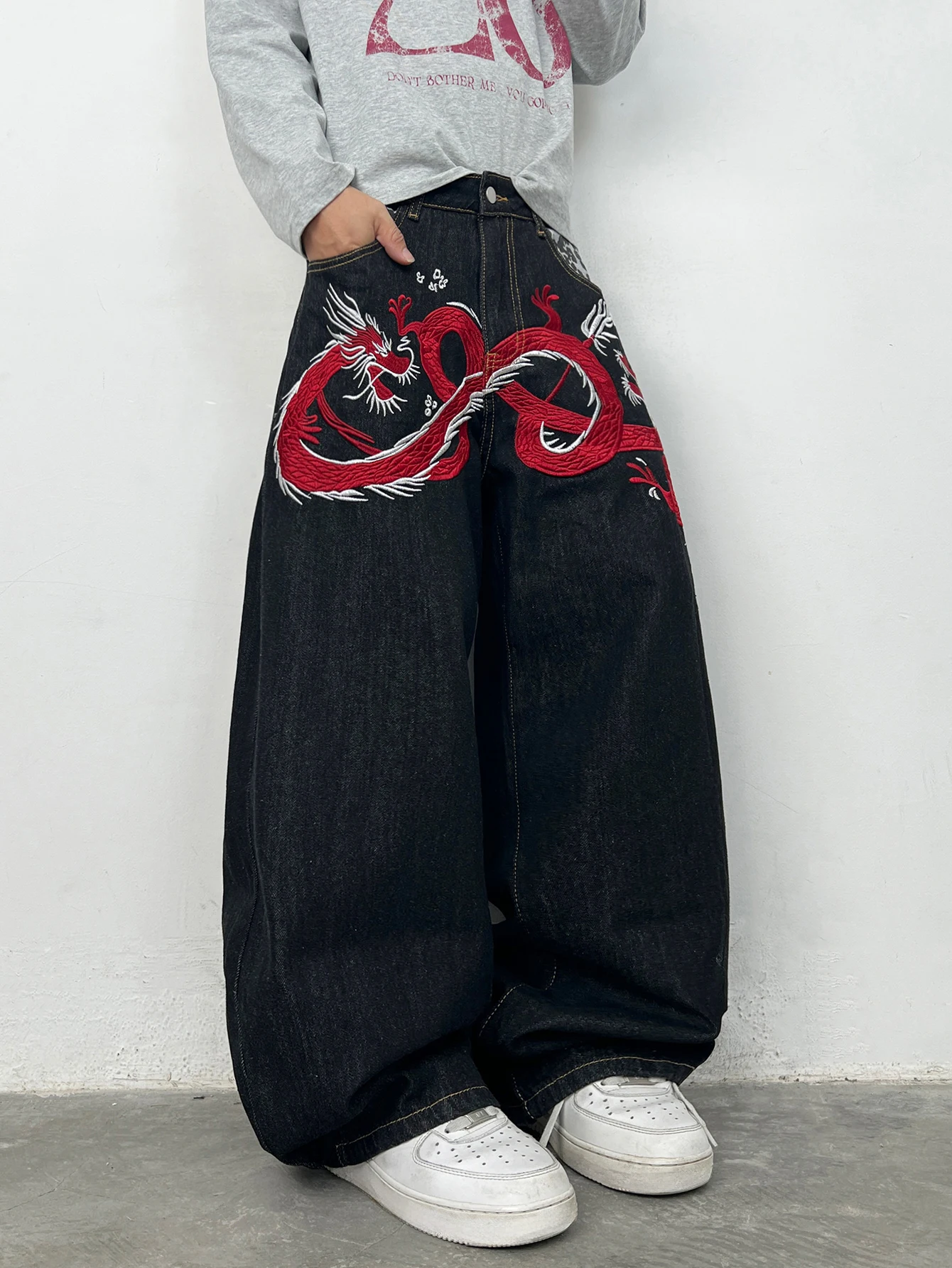 High Street Red Dragon Embroidery Design Black Baggy Jeans Men Y2K Retro Street Hip-Hop Skate Fashion Versatile Wide-Leg Pants