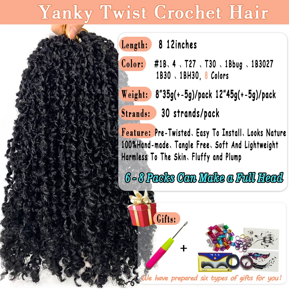 8 12 Inch Pre Twisted Yanky Twist Crochet Hair Extensions Natural Black Pre Looped Yanky Twist Hair Synthetic Spring Twist Hair