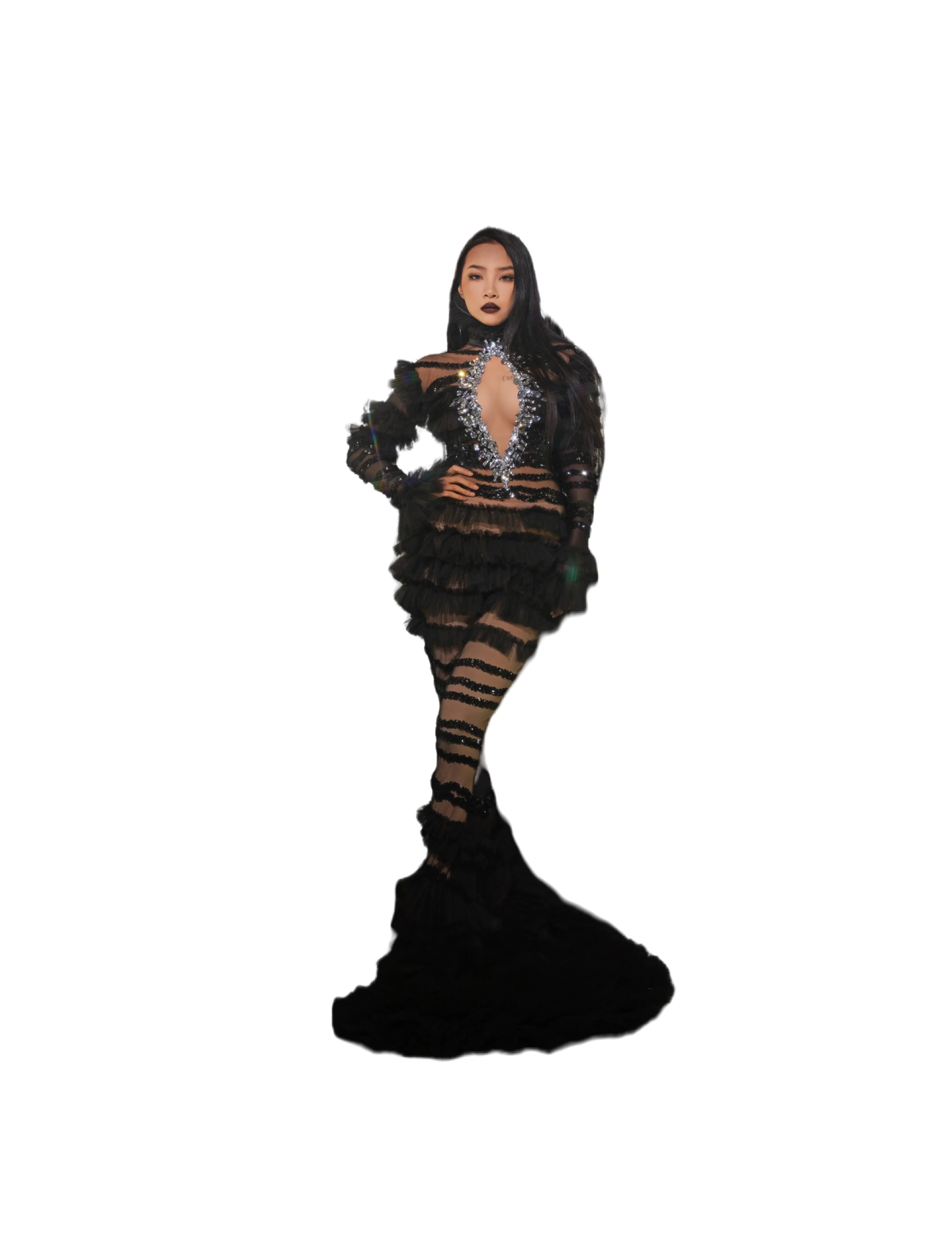 Sparkly Rhinestones Black Mesh TransparentFull-length Dress Women Evening Prom BirthdayDress Sexy Performance Stage Wear B158