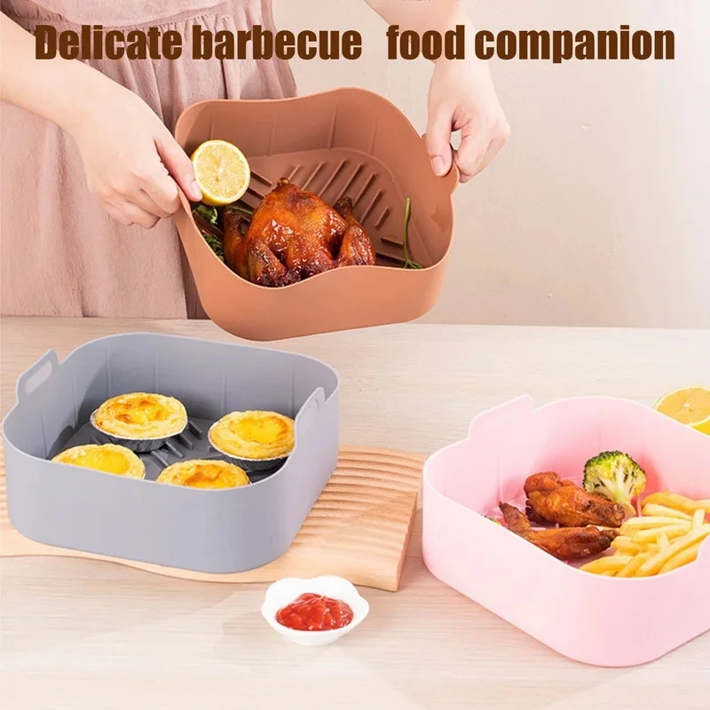 21CM Silicone Air Fryer Pot Tray BBQ Barbecue Pad Plate Airfryer Oven Baking Mold Pot Food Safe Reusable Square Air Fryer Pan