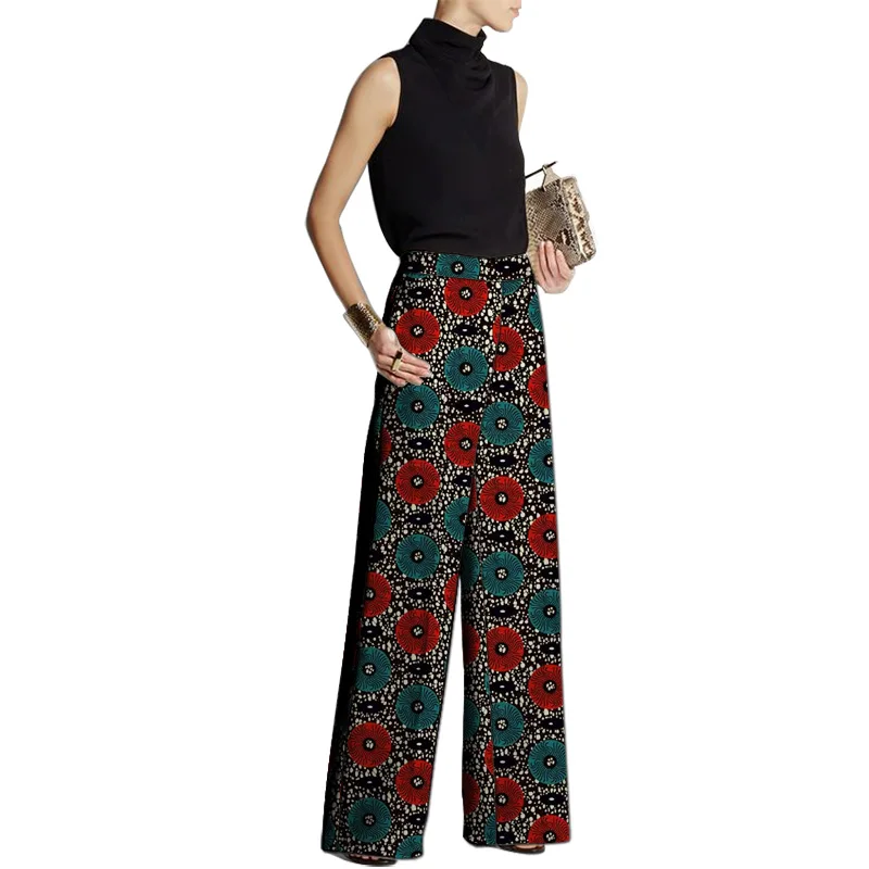 Hand Cut Ankara Fashion Women Wide Leg Pants Female African Print Bottoms Party Wear