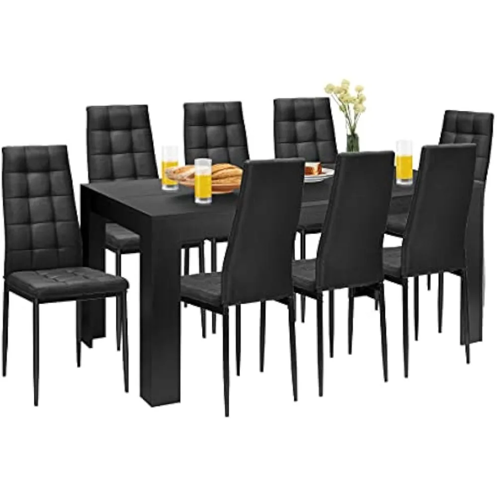 9-piece Restaurant Set, Wooden Rectangular Dining Table with 8 Cushioned Chairs Set, Modern Kitchen Dining Table Set