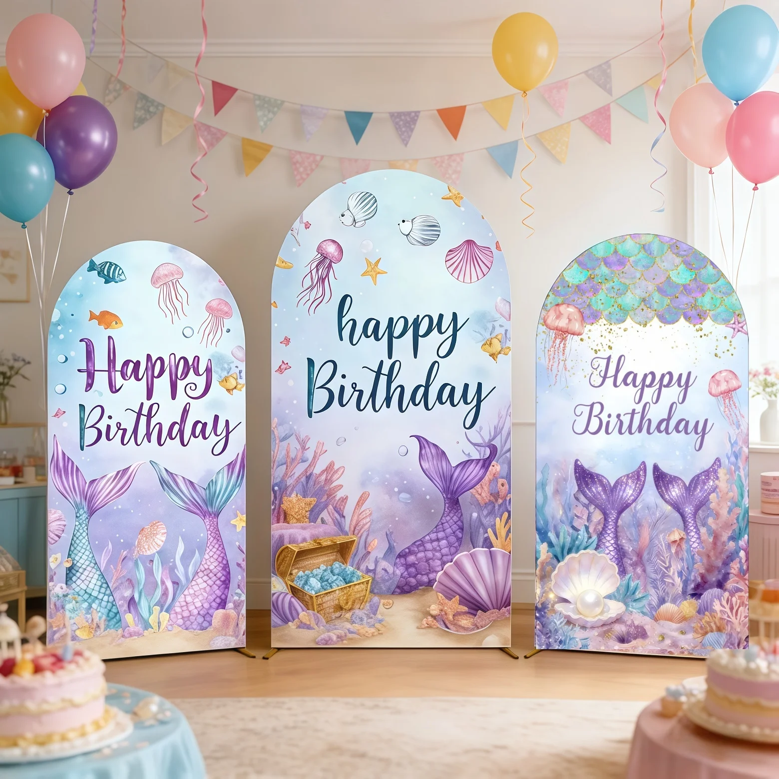 

Фон для фотосессии на день рождения с изображением хвоста русалки, ракушек, медуз и сундука с сокровищами, декор для детского праздника