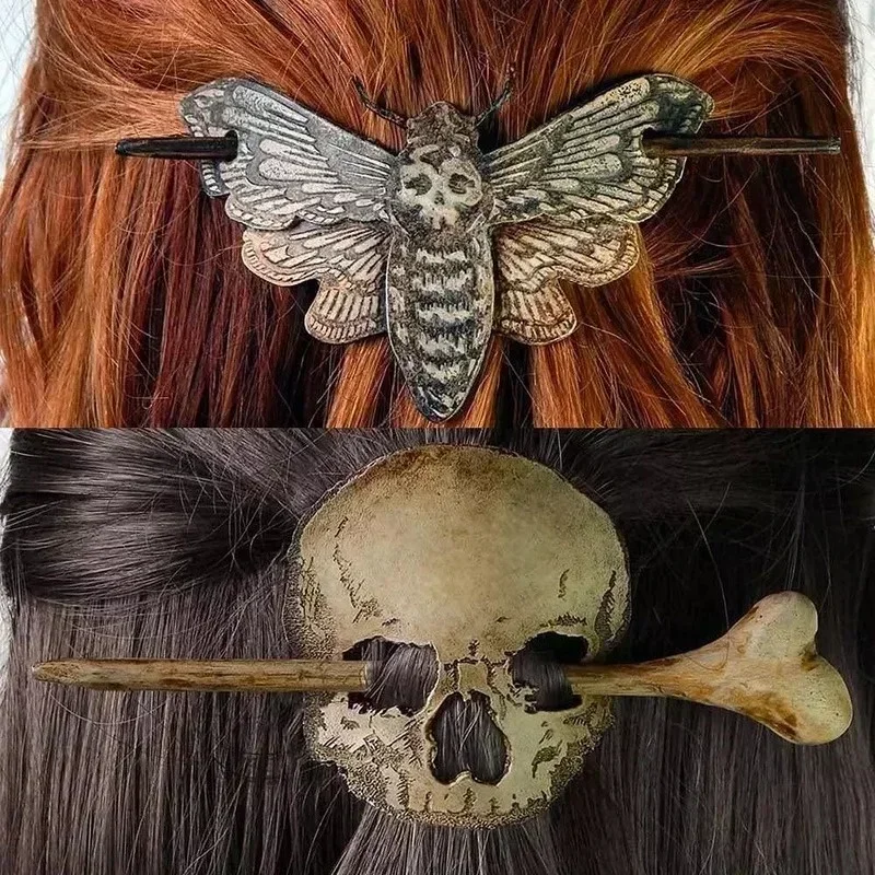 Death Mot/Skull Haarspeld Halloween Retro Decoratieve Haarclip Bronzen Schedel Mot Vrouwen Mode Retro Punk