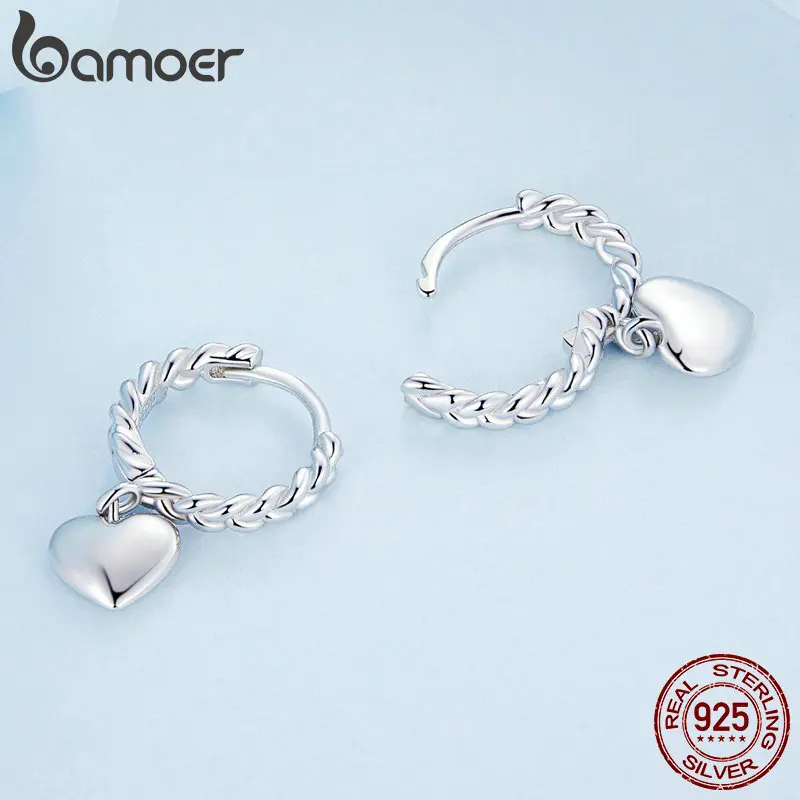 Bamoer-pendientes de plata de ley 925 con textura trenzada para mujer, aretes colgantes con forma de corazón, joyería fina, BSE715