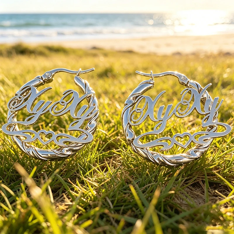 

Hollow Cutting Custom Name Circle Hoop Stud Earrings Woman Ladies Stainless Steel Name Personalized Heart Twist Earring Jewelry