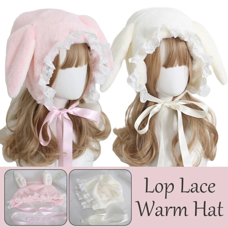 Japanese Style Sweet Fluffy Cute Lop-eared Rabbit Hat Lei Feng Hat Lace Lolita Earmuffs Cap All Match Plush Winter Warm Hat