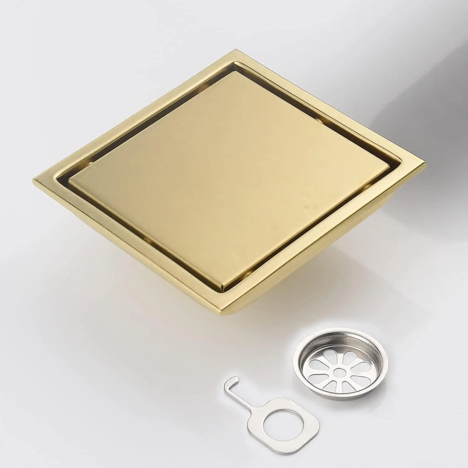 

Square Shower Drain With Hidden Tile Insert - Brushed Golden, Removable Grille Cover, SUS304 Stainless Steel