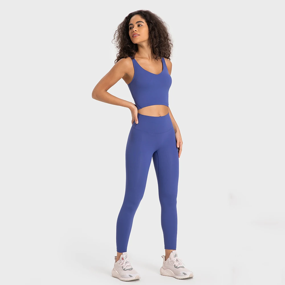 Stretch Nylon Spandex Workout Outfits Women\'s Tracksuits Gym Clothing 2 Piece Padded Crop Tank Bra High Waist Yoga Leggings Sets