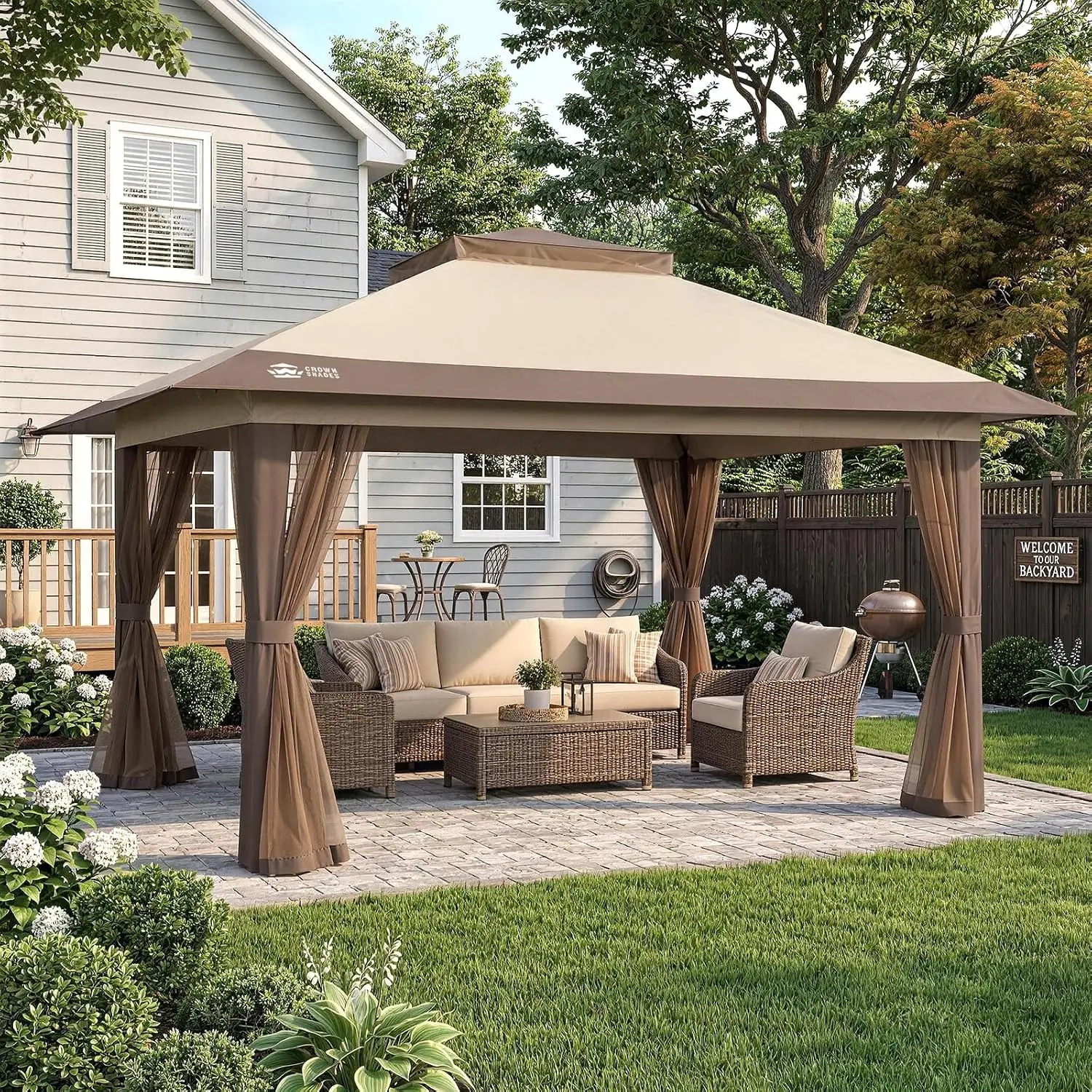 11x14 Pop Up Gazebo Netting Double Roof Canopy 300D Silver Fabric Metal Frame Patio Backyard Party Outdoor, Customized
