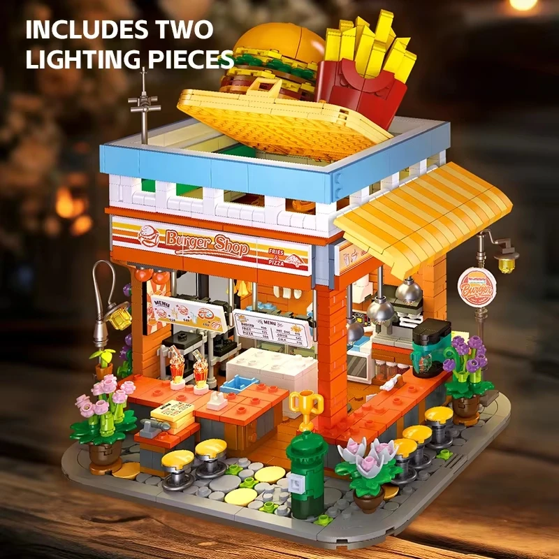 1727Pcs Creative Street View Burger Shop Building Blocks Kit Fast Food Restaurant House Sets Model Bricks MOC Toys Kids Gifts