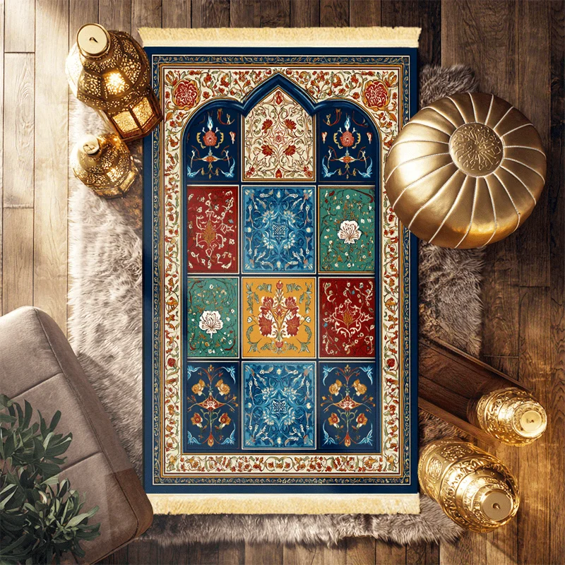 VIKAMA Multicolor Patchwork Floral Arch Design Prayer Rug Muslim Prayer Mat for Portable Carpet for Bedroom Living Room Travel