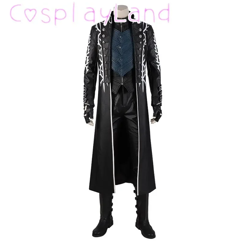 

Hot Game DMC5 Vergil Cosplay Costume Nelo Complete Outfit with Boots Halloween Carnival Vergil Men Suit Jacket Vest Custom Made