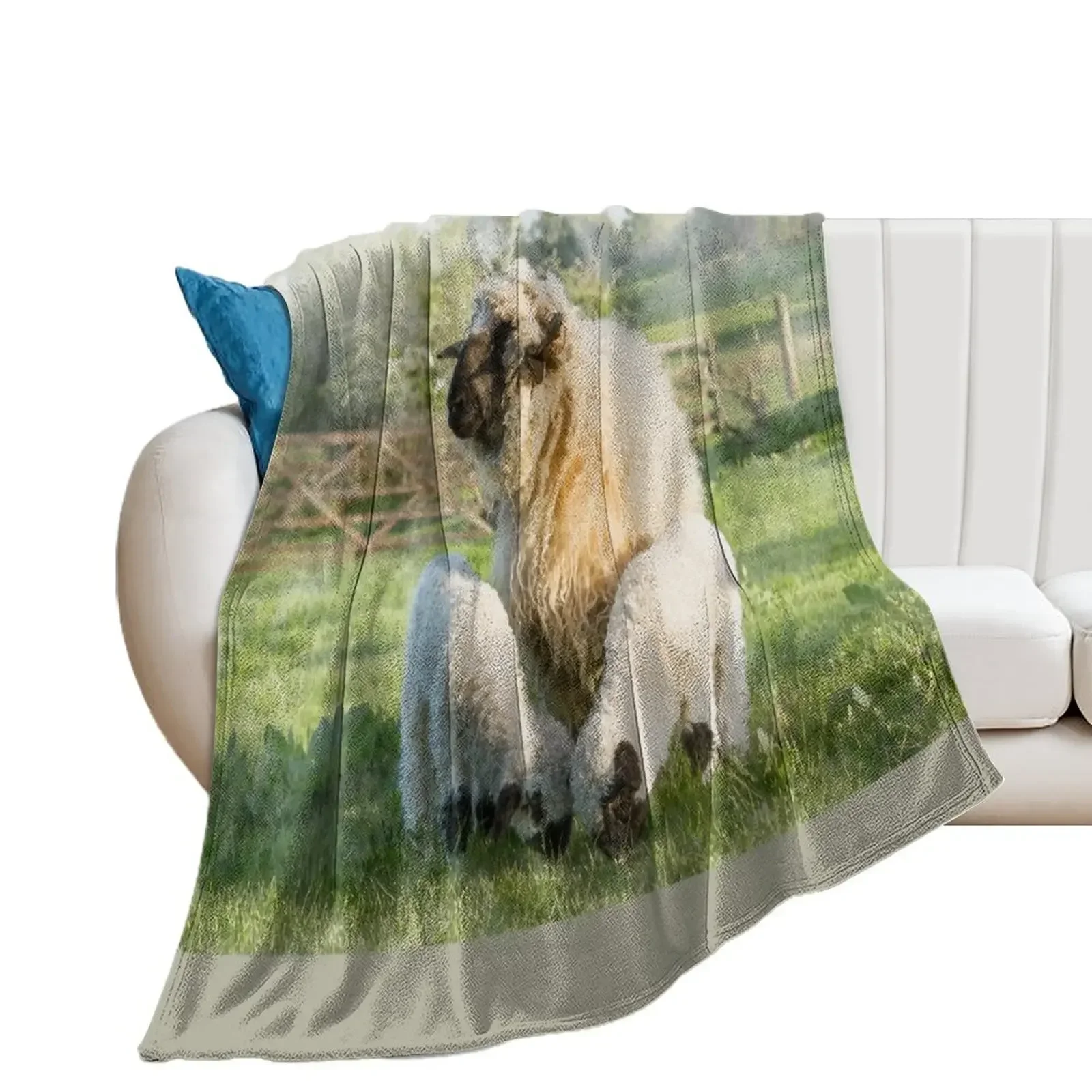 Watercolour Photograph of Valais Blacknose Sheep and Her Twin Lambs Throw Blanket Soft Plaid Warm Camping Blankets