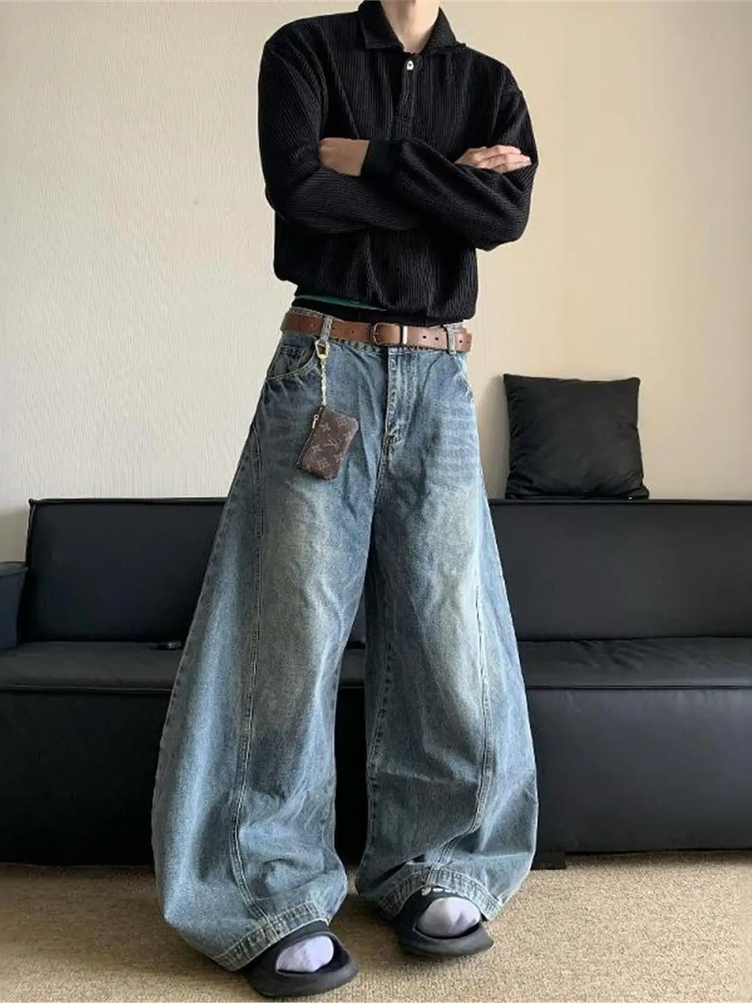 

Retro American Waed Loose Straight Leg Men's Jeans High Street Trendy Brand Cleanfit Patchwork Wide Leg Pants