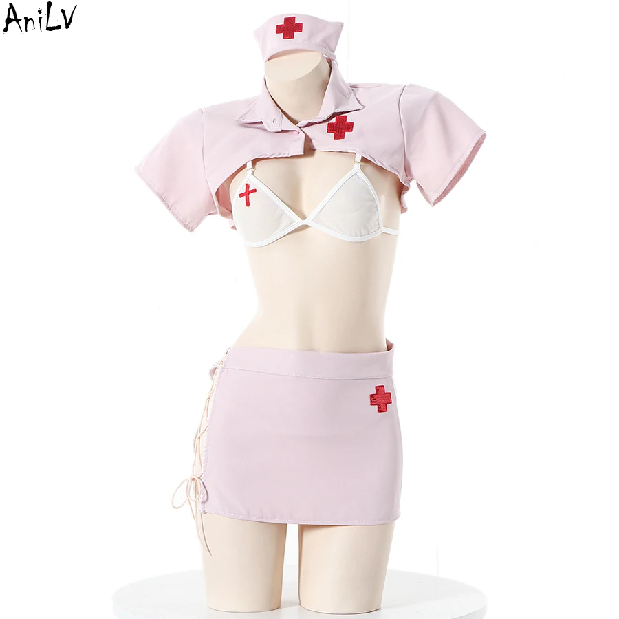 AniLV Sexy Nurse Uniform Lingerie For Women Erotic Costume Anime Pink Sweet Doctor Uniform Cosplay Temperament Pajamas Clothes