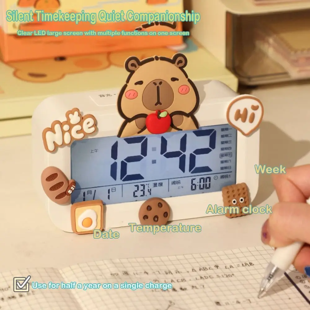 Cartoon Capibara Mini Digital Clock Charging Portable Student Clock Display Temperature&Humidity Alarm Clock