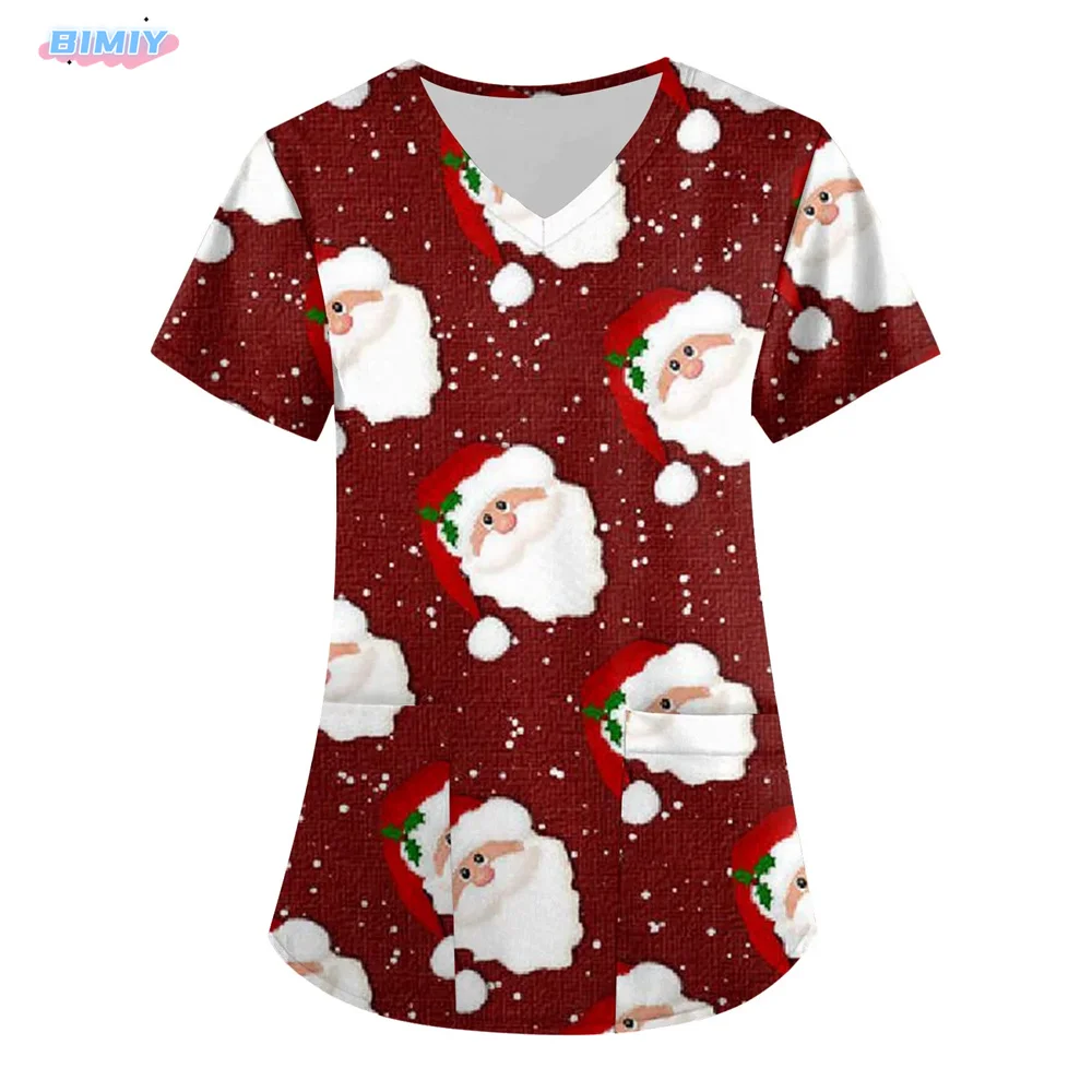 Kerst Scrub Tops Vrouwen Zakken Verpleging Korte Mouw V-hals Print Kerst Scrubs Tops voor Vrouwen Plus Size S-5XL Zomer