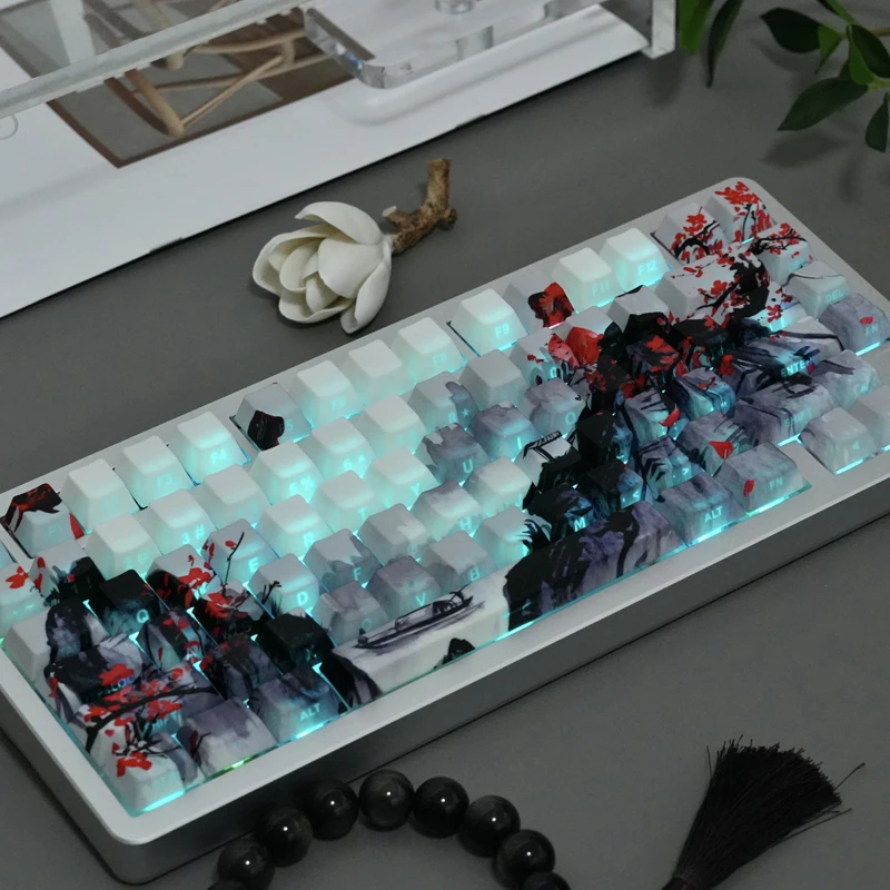 Inkt Pruimenbloesem Zijverlichte Shine Through Keycaps 130-toetsen Cherry Profile Dye Sub PBT Keycaps voor MX Switches Mechanisch toetsenbord