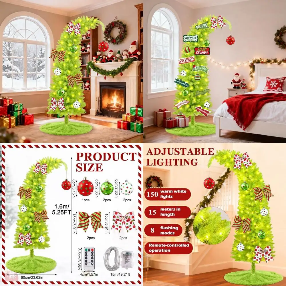 

Причудливая гибкая искусственная рождественская елка длиной 5,25 фута с 150 светодиодами и зеленой юбкой в виде елки, 8 режимов, таймером для внутреннего и наружного использования