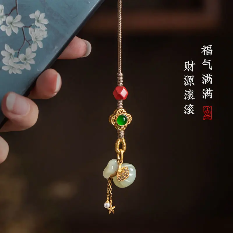 Blessed Pure Silver Inlaid Hotan Jade Blessing Bag, Mobile Phone Pendant With High Content Of Imperial Sand