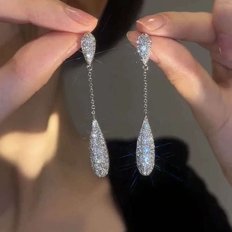 South Korea new design fashion jewelry silver plated zircon long drop earrings luxury women's party accessories