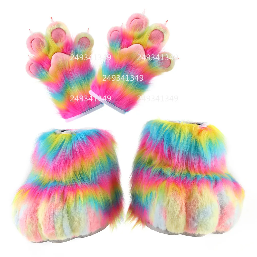 Rainbow Furry Fursuit Gloves Shoes Cosplay Costume Accessories Colored Fox Cat Paws Set Man Woman Comic-con Party Dress Up Props