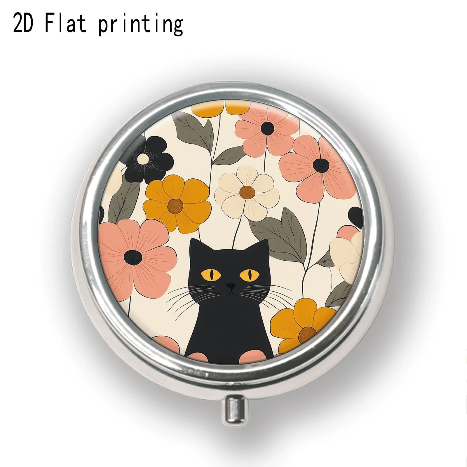 Morandi-Toned Black Cat and Daisy Pattern, Round Three-Compartment Small Pill Box, Portable Medicine Storage, Small Jewelry Organizer, Suitable for Handbags or Travel, Holiday Gifts, Souvenirs, Prizes, Small Gifts, for Personal Use or as an Exquisite Gift Option