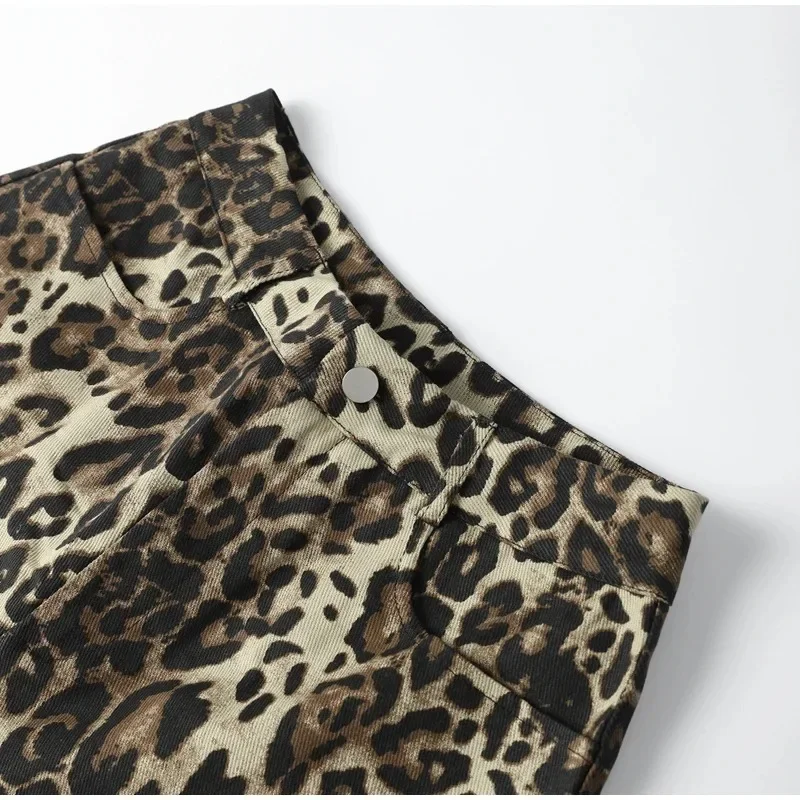 Retro Leopard Print Shorts Women Casual Zipper Button Pockets  Short Pants Female 2024 Spring Summer Fashion Y2K Lady Streetwear