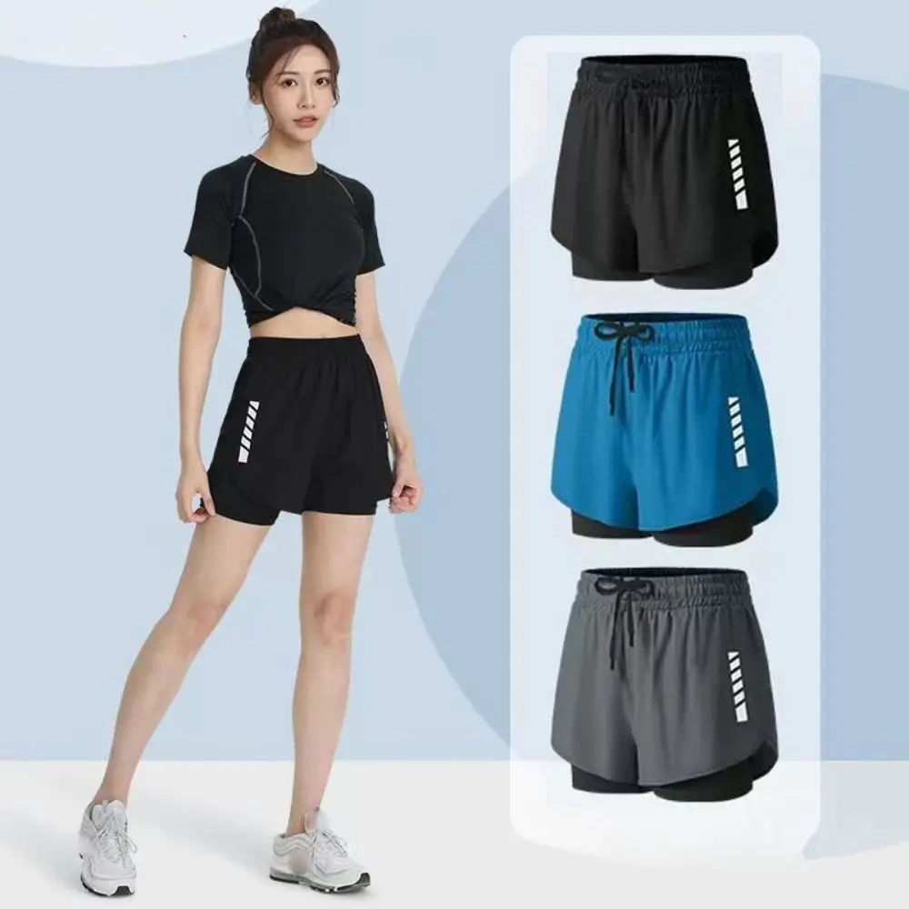 

Stripe Swimming Trunks Shorts Double Layer Mid Waist Men Sports Training Shorts Elastic Anti Glare Men's Jogging Shorts Women