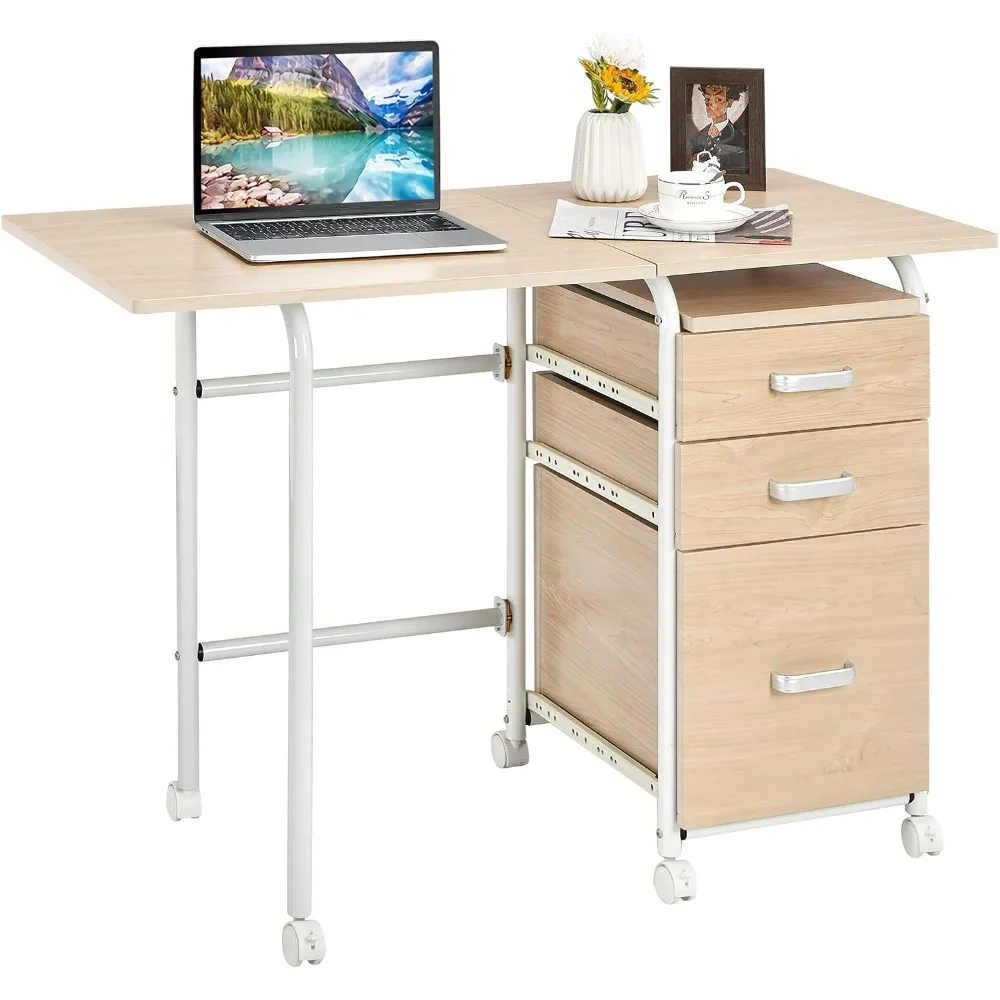 

Folding Computer Desk with 3 Storage Drawers, Mobile Home Office Desk Study Writing Desk with Smooth Wheels, Space Savi