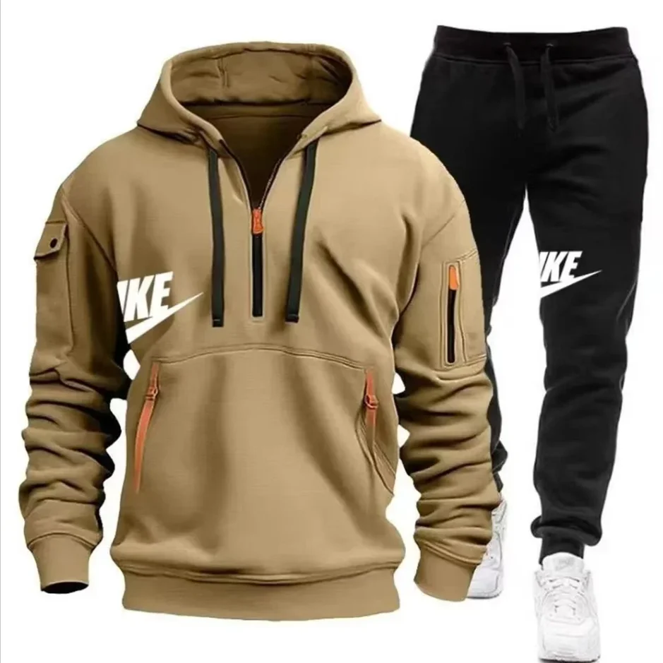 2026   New autumn and winter men's long-sleeved pullover hoodie + pants 2-piece fashionable outdoor running men's sportswear set image 2