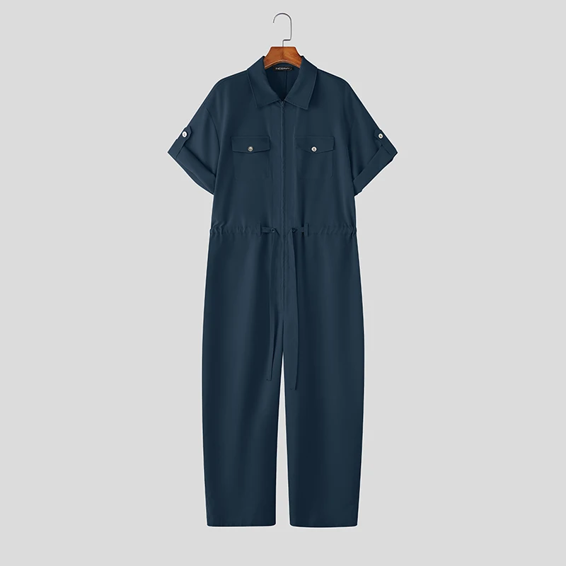 

INCERUN Men Jumpsuits Solid Color Lapel Short Sleeve Zipper Male Rompers Streetwear Lace Up Loose Fashion Casual Overalls Men