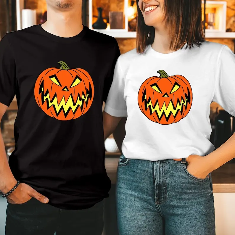 

Scary Orange Pumpkin Face Jack O Lantern Autumn Fall Spooky Season Trick or Treat Ghost Thanksgiving Happy Halloween Shirt Tops